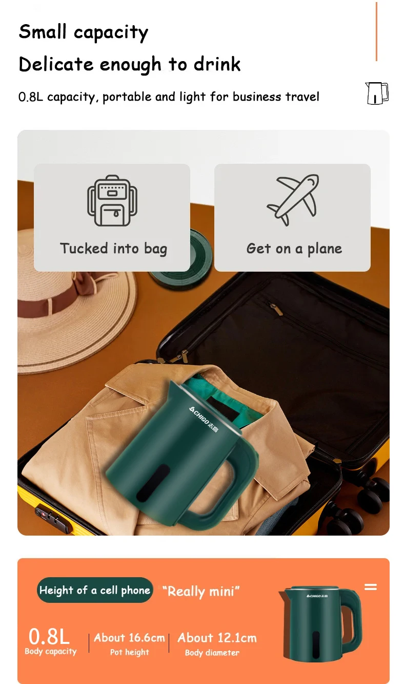 Description Picture 6 of item0.8L Mini Electric Kettle Small Capacity 304 Stainless Steel Teapot Hotel Dormitory Kettle Portable Travel Boil Water Pot 220V