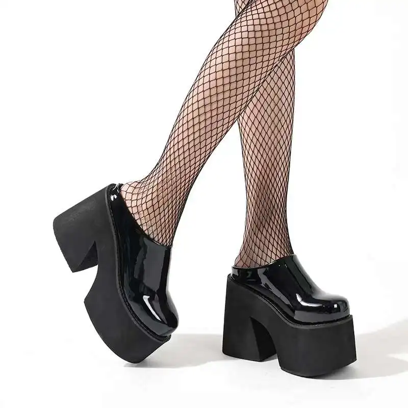 13cm Chunky Heeled Slippers Black Platform Round Toe Sandals Women High Heels Slippers Summer Patent Leather Leisure Shoes