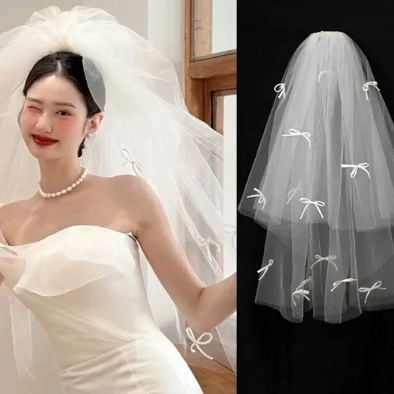 Korean Bridal Headgear Fairy Beauty Small Bow Pearl Hair Accessories Main Wedding Dress Shape Cute Hair Accessories