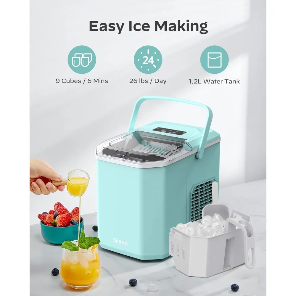 Ice Maker Countertop Machine with Handle, 26lbs in 24h, 9 Ice Cubes Ready in 6 Mins, Self-Cleaning Ice Makers with Basket and S