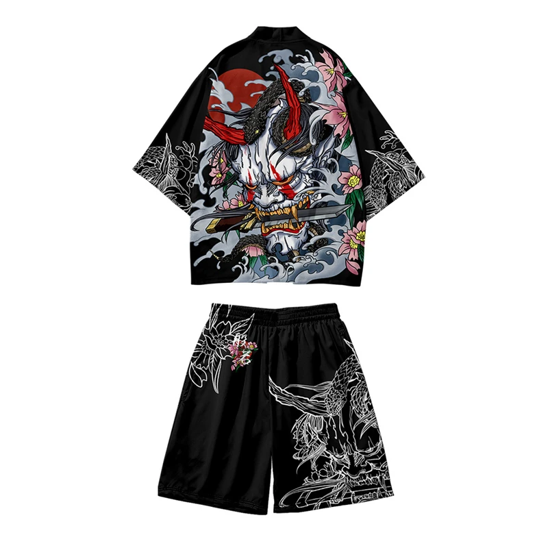 

Summer Kimono Shirt Two-piece Suit Vintage Japanese Loose Cardigan Newest Haori Yukata Hannya Mask Print Kimono Shorts Sets