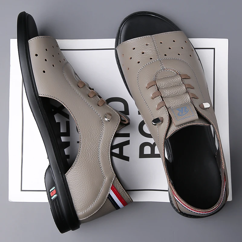 Breathable Men Casual Leather Shoes Outdoor Beach Sandals Quick Dry Non-Slip Summer Shoes Open-toe Male Casual Loafers Sneakers
