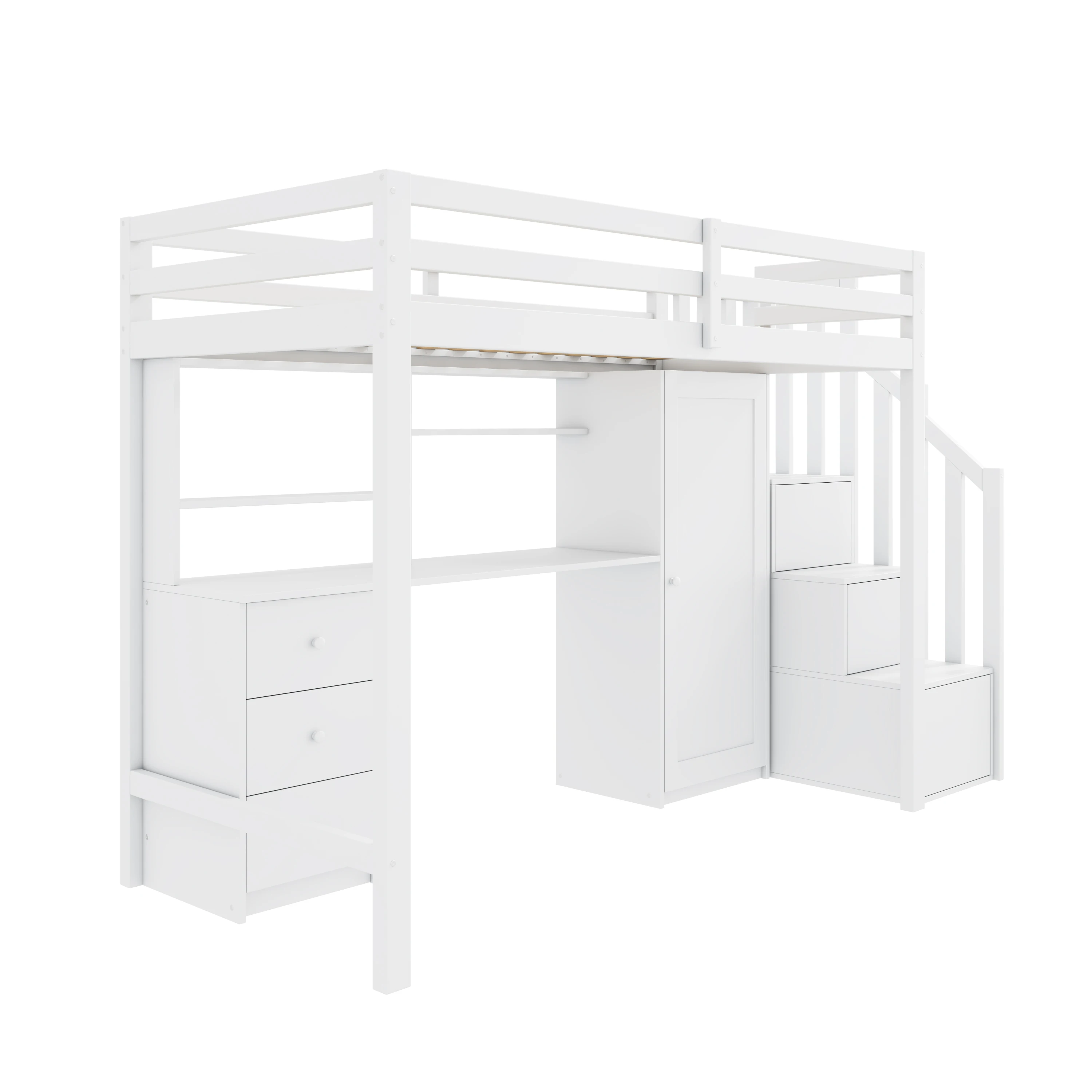 KOMHTOM Weißes multifunktionales Kinderetagenbett 90x200cm mit Schreibtisch Kleiderschrank Treppe Schubladen und Treppenschrank – Detail 3