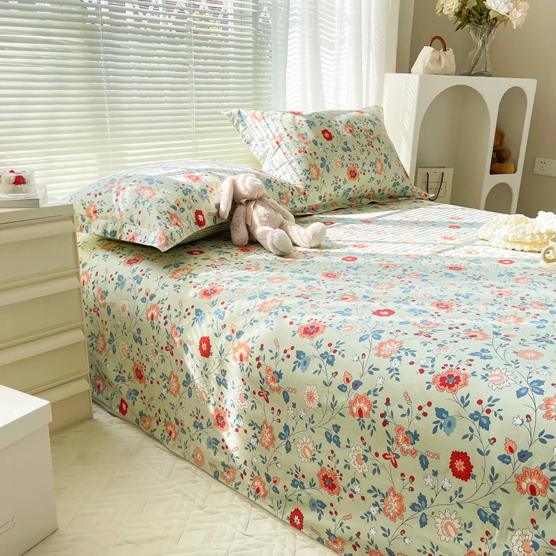 Floral Style Flat Sheet Set 100% Cotton Bed Sheets Sets Flower Leaves Botanical Pattern Printed Soft Bedding for Bedroom Decor 3