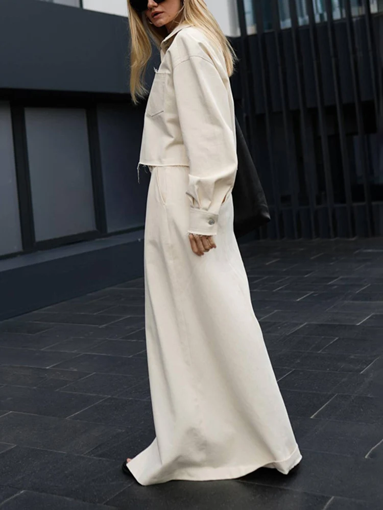 New Skirt Sets For Women Full Sleeve Shirt High waisted Split Long Skirt Two-Piece Solid Color Loose Lady Summer 2025 New