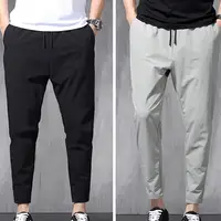 Men Pencil Pants Drawstring Solid Color Men Ninth Pants Breathable Simple Elastic Waist Straight Casual Pants Summer Trousers