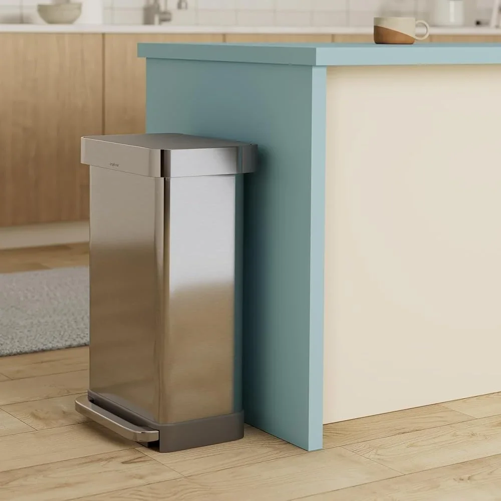 Hands-Free Kitchen Trash Can 45L Rectangular Soft-Close Lid Brushed Stainless Steel Step Pedal Silent Close Liner Pocket Durable 6