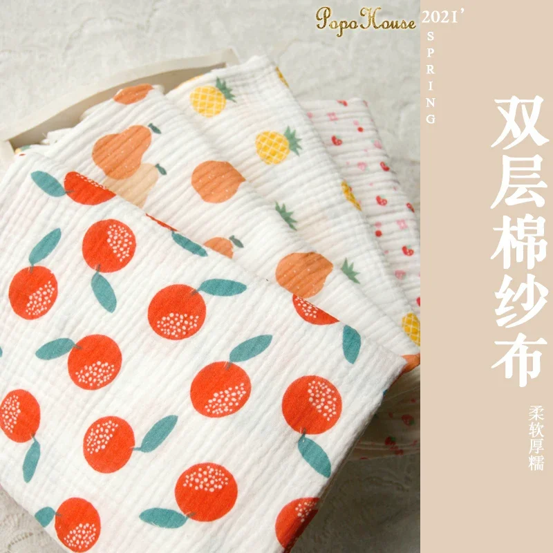 135x50cm Double Crepe Pure Cotton Cute Fruit Pear Yarn Gauze Sewing Fabric,  Making Soft Baby Clothes Cloth