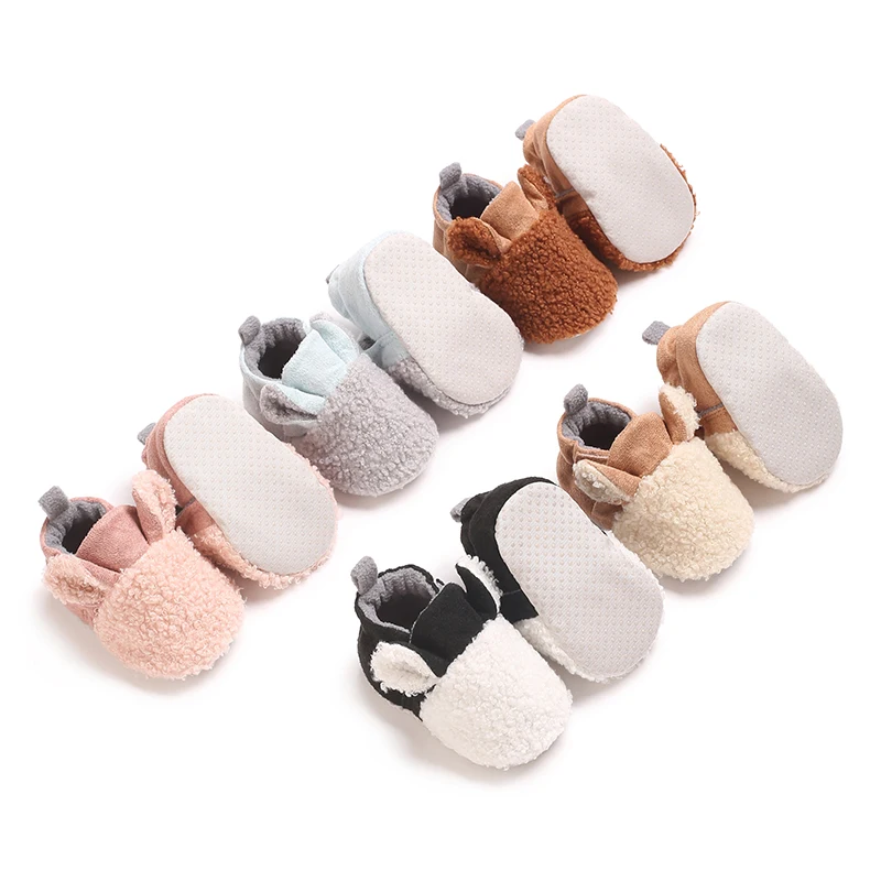 Newborn Baby Winter Crib Shoes Contrast Color Warm Flats with Cute Ears Casual Walking Shoes for Toddler Infant