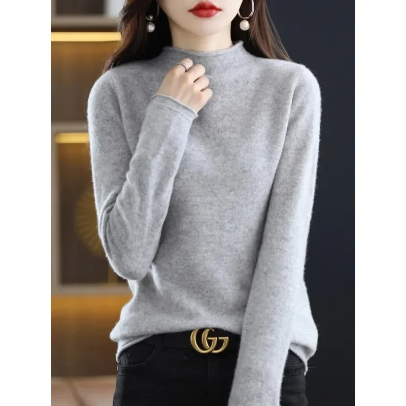 

Merino Wool Cashmere Women Knitted Sweater Curly Mock Neck Long Sleeve Pullover Autumn Clothing Jumper Straf Official Store N108