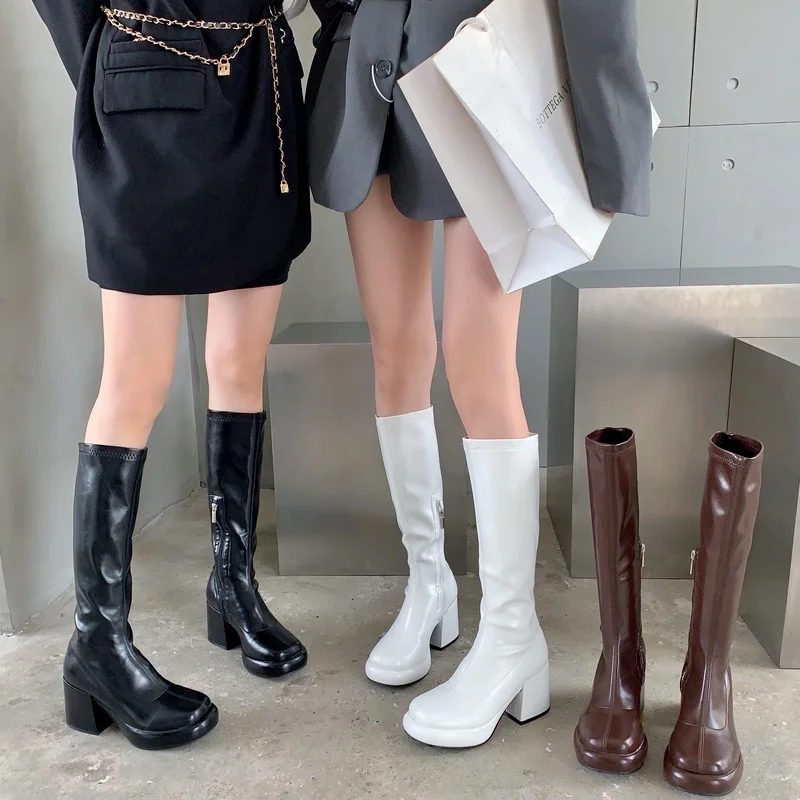 

Pu Leather Large Tube High Boots Brown Knight Boots Women's 2023 Spring and Autumn Thick Bottom Small High Heel Thick Leg Boots