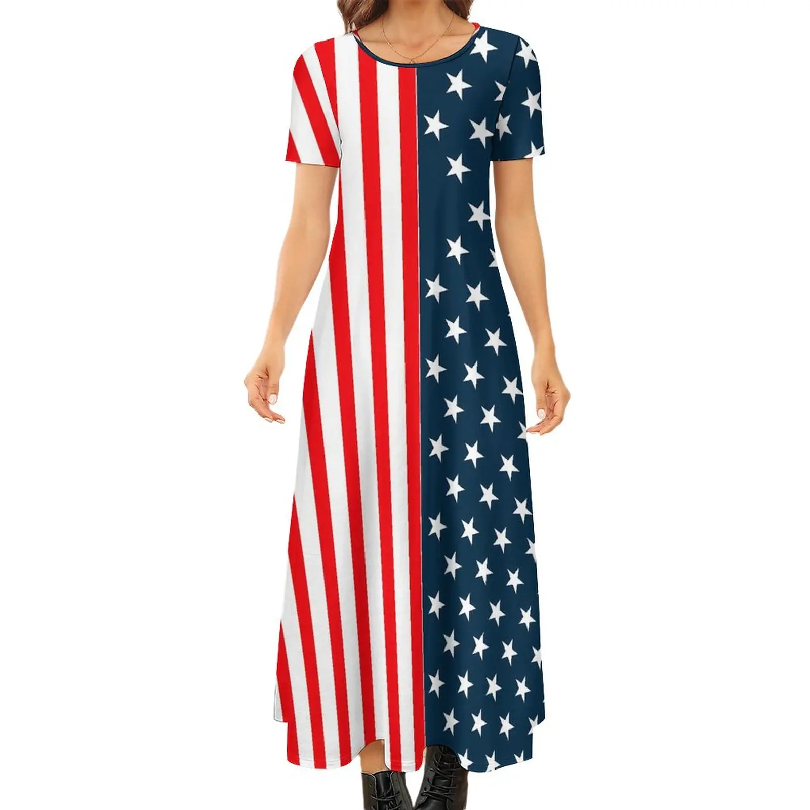 

American Flag Dress The Stars And Stripes Maxi Dress Short Sleeve Street Style Boho Beach Long Dresses Ladies Oversized Vestido