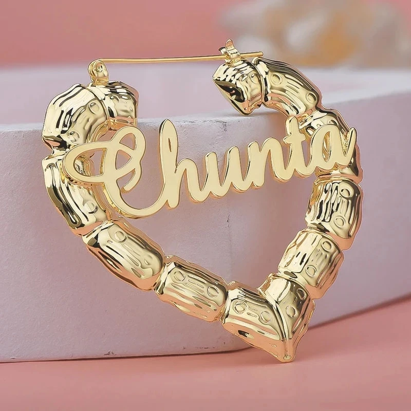 Customized Heart Bamboo Hoop Earrings Stainless Steel Custom Name Earring Heart Shaped Earrings Personality Gifts For Women