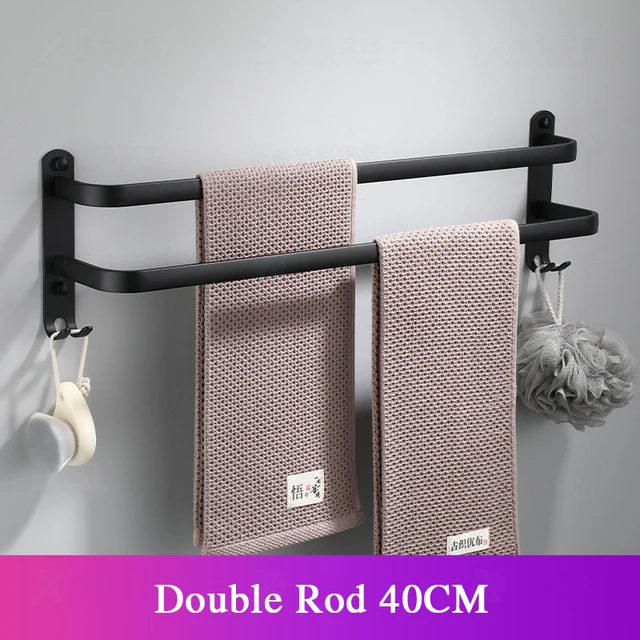 Bathroom Towel Rack 30-60CM Wall Mounted Shower Room Holder Kitchen Aluminum Multilayer Layer Wiht Hook Black Hanger Accessories Double Rod 40cm