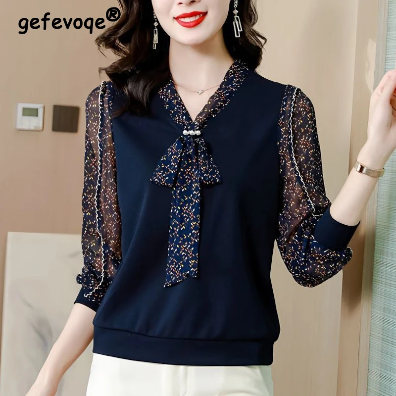 Women's Clothing Bow Print Knitted Patchwork Elegant Blouse Autumn Korean Fashion Office Lady