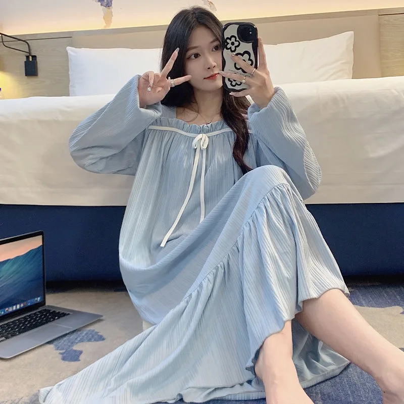 2024 New Long-sleeved Nightgown Women Summer Thin Long-sleeved Square Neck Pajamas Loose Homewear Spring Autumn Sleepshirts