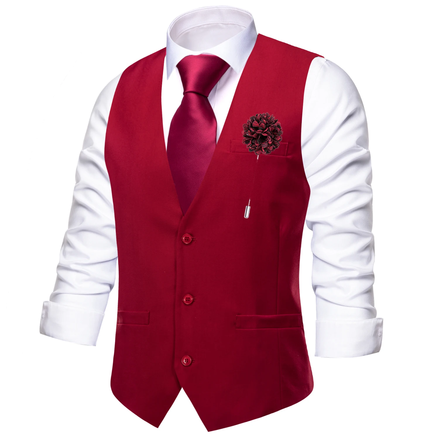Hi-Tie Red Silk Men's Vest Classic Neck Tie Hanky Cufflinks Brooch Solid Slim Waistcoat Set for Male Suit Wedding Party Designer