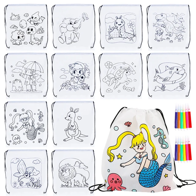 5-Pack Graffiti Drawstring Painting Bags with 6-Color Mini Pens