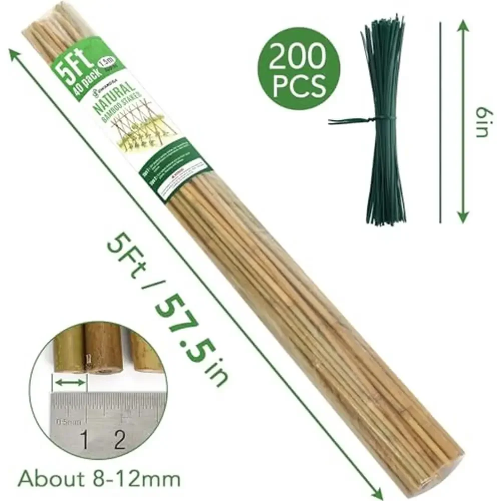40 Pack Bamboo Plant Stakes 5ft 57.5inch with 200pcs Twist Ties Garden Support Poles Tomatoes Beans Vine Climbing Plants