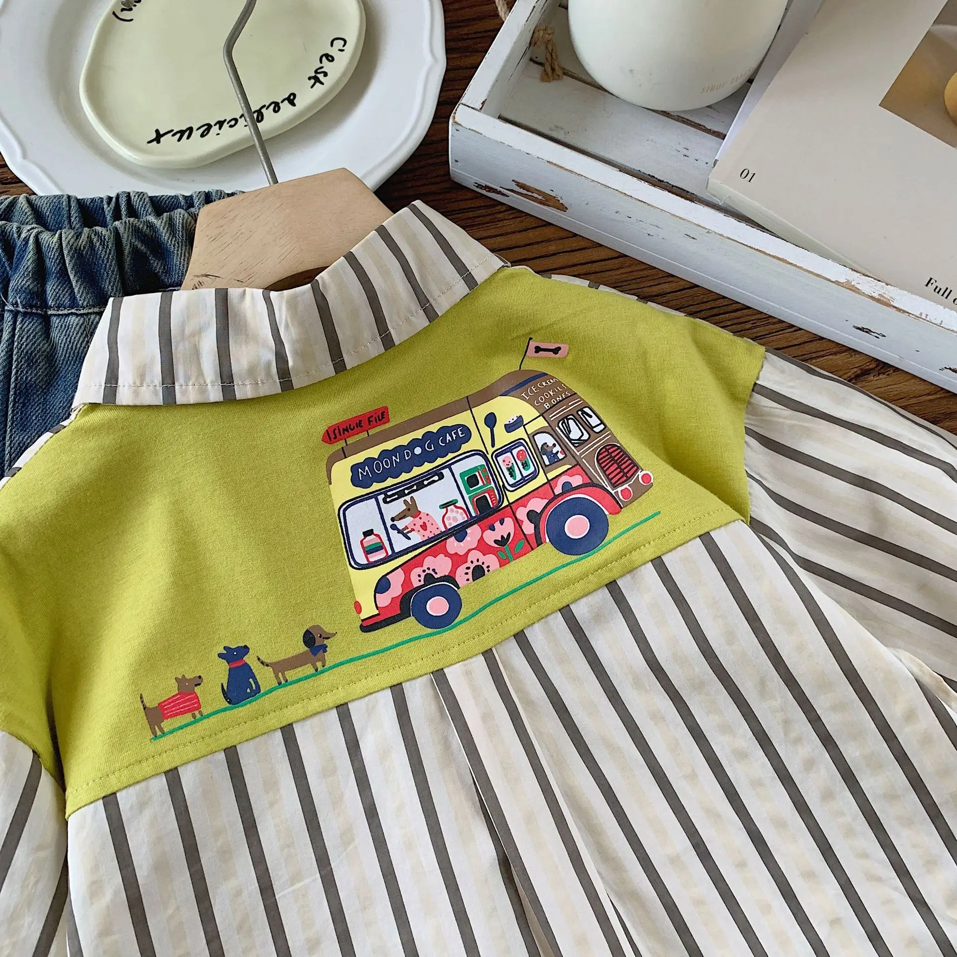 Spring Autumn Kids Boys Shirts Striped Spliced Cartoon Pocket Baby Boys Tops Cotton Long Sleeve Children Shirts