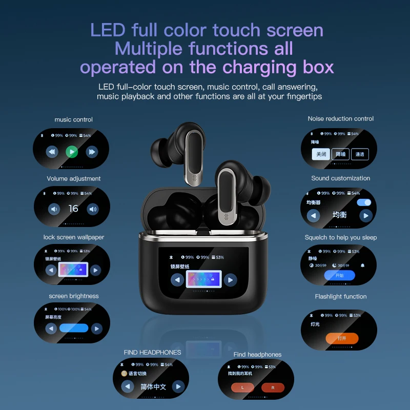 

ANC Wireless Earphones TOUR PRO Color LED Screen Active Noise Cancelling Bluetooth Headphones TWS Earbuds Touch Sports Headset