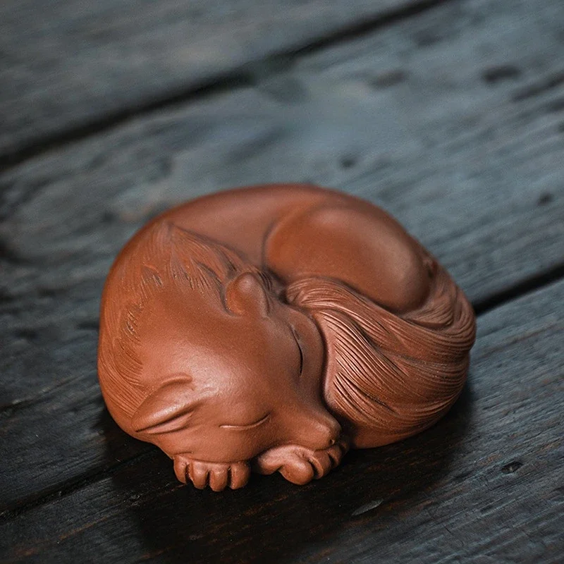 Tea Pets Little Fox Statue Ornament tea pet ornaments Home Tea Set Decoration Art Gift Handmade Sculpture Crafts Creative Purple Clay Fingertip