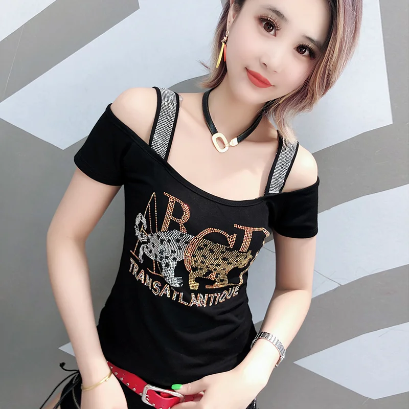 

#7146 Black Green Women's Tee Shirt Diamonds Sexy Club Short Sleeve T Shirt Off Shoulder Basic Women's T-shirt Cotton Slash Neck