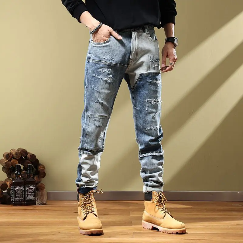 Fashion Brand Embroidery Handsome Personality Jeans Men's New Vintage Patch Patched Broken Motorcycle Youth Pants