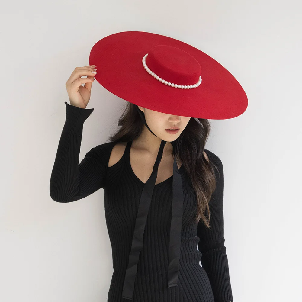 Fedora hat Vintage large-brimmed top hat unisex pearl black red hat solid  hat autumn winter classic elegant Panama hat Catwalk - AliExpress