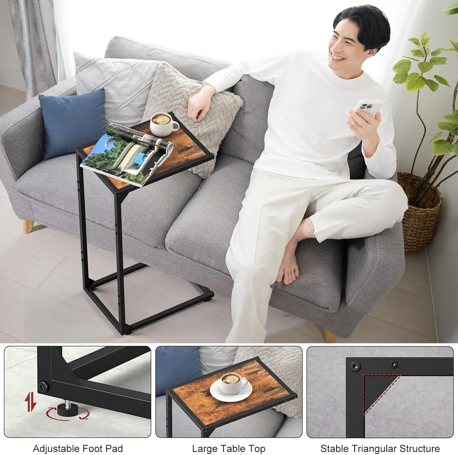 Side Table/C Shaped End Table for Couch & Bed, TV Tray for Eating on Couch, Small End Tables Small Spaces, Easy Assembly