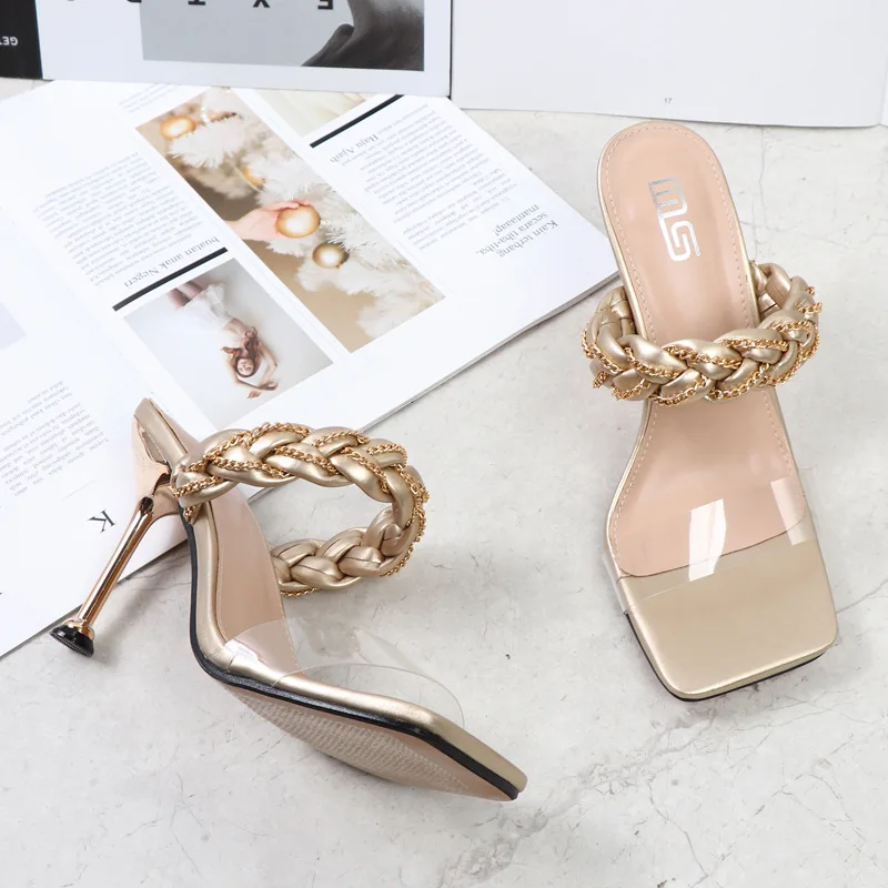 Fashion Women's Sandals 2022 Summer New PU Woven Metal Exclusive Chain High Heel Sandals Stiletto Sexy Party Women's Shoes 9.5CM