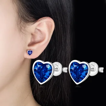New in 925 Sterling Silver Heart Blue Crystal Stud Earrings For Women Wedding Fine Jewelry Accessories