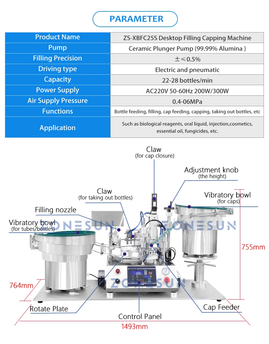 ZONESUN ZS-XBFC25S Automatic Ceramic Pump Liquid Filling Capping Machine with Feeder