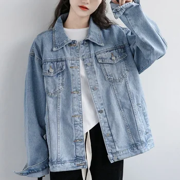 Vintage Women Jacket 2026 Autumn Winter Oversize Denim Jackets Washed Blue Jeans Coat Turn-down Collar Outwear Bomber Jacket 1