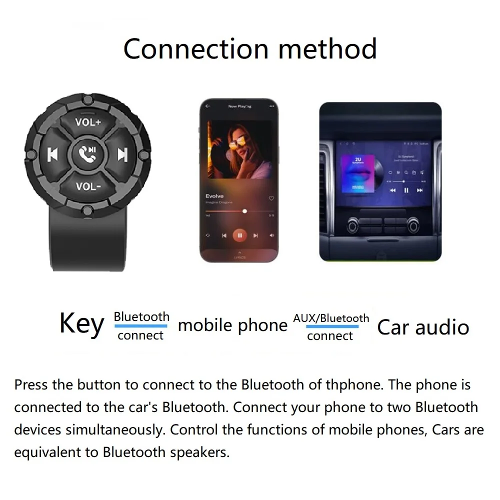 Car Steering Wheel Remote Controller Button Wireless Bluetooth Media Remote Controller Motorcycle Helmet Earphone MP3 Music Play