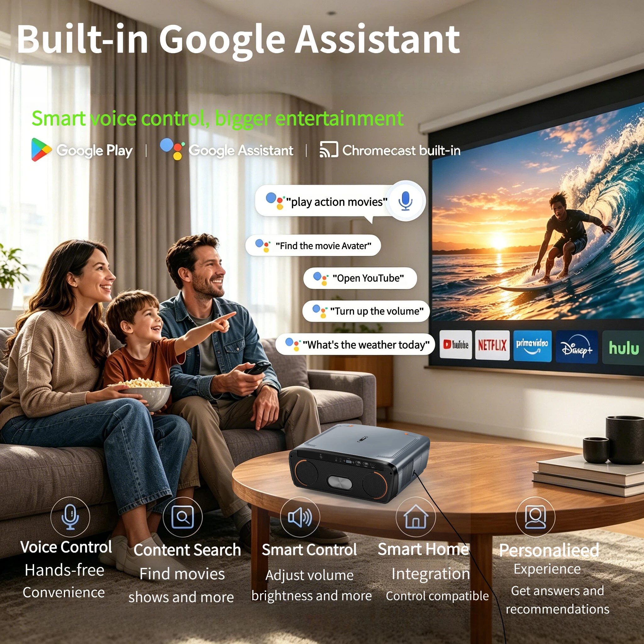 4K UHD 비디오 프로젝터 4200 ANSI 안드로이드 14 구글 TV 스마트 홈시어터 WiFi6 TOF 자동 초점 듀얼 스피커 영화 빔프로젝터 2026