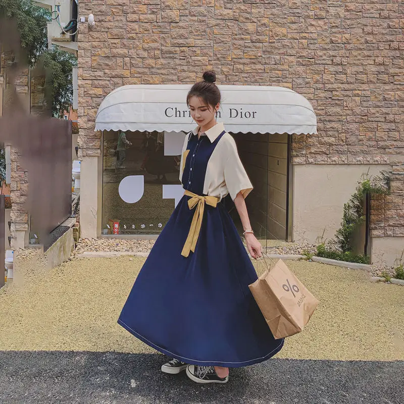 Dress for Women Temperament Shirt Skirt Retro Splicing Contrast Color Over Knee Mid-length Lapel Waist to Make You Look Thin 2