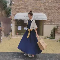 Dress for Women Temperament Shirt Skirt Retro Splicing Contrast Color Over Knee Mid-length Lapel Waist to Make You Look Thin 2