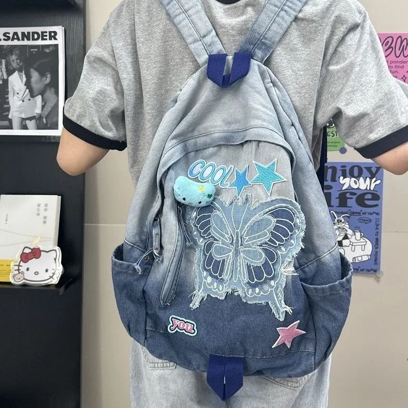 MBTI Denim Hello Kitty Womens Backpack Y2k Fashion Patchwork Butterfly Vintage Aesthetic Backpacks Casual Original Female Bag