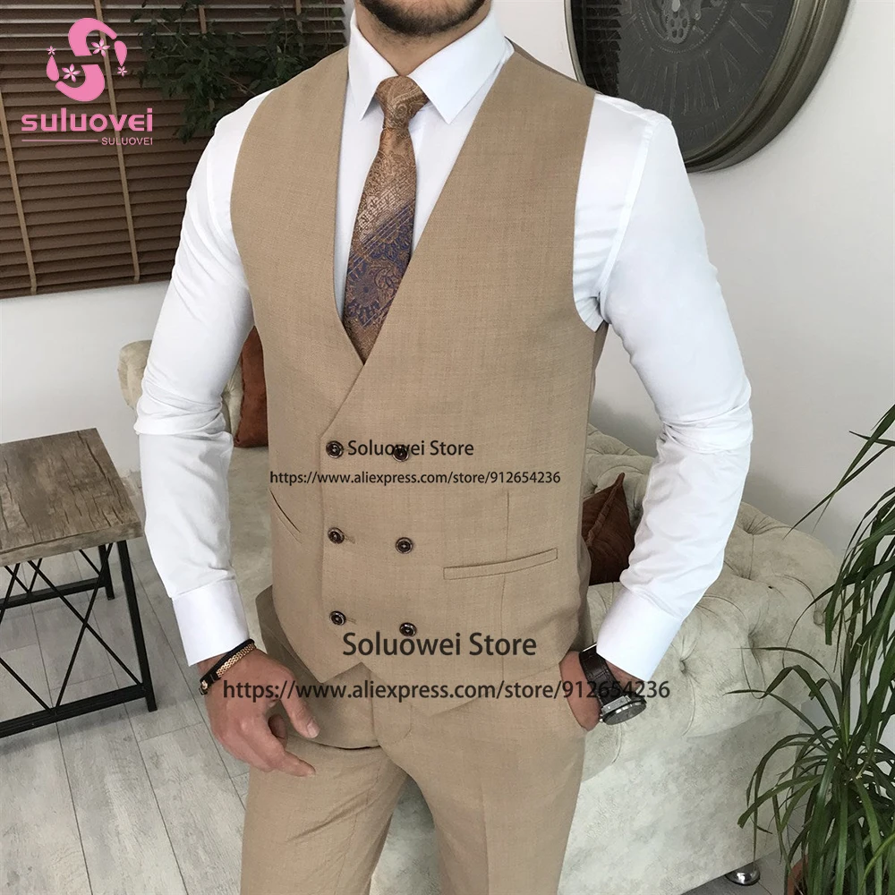 Fashion Business Suits For Men Slim Fit 3 Piece Jacket Vest Pants Set Male Prom Blazer Formal Groom Wedding Peaked Lapel Tuxedo
