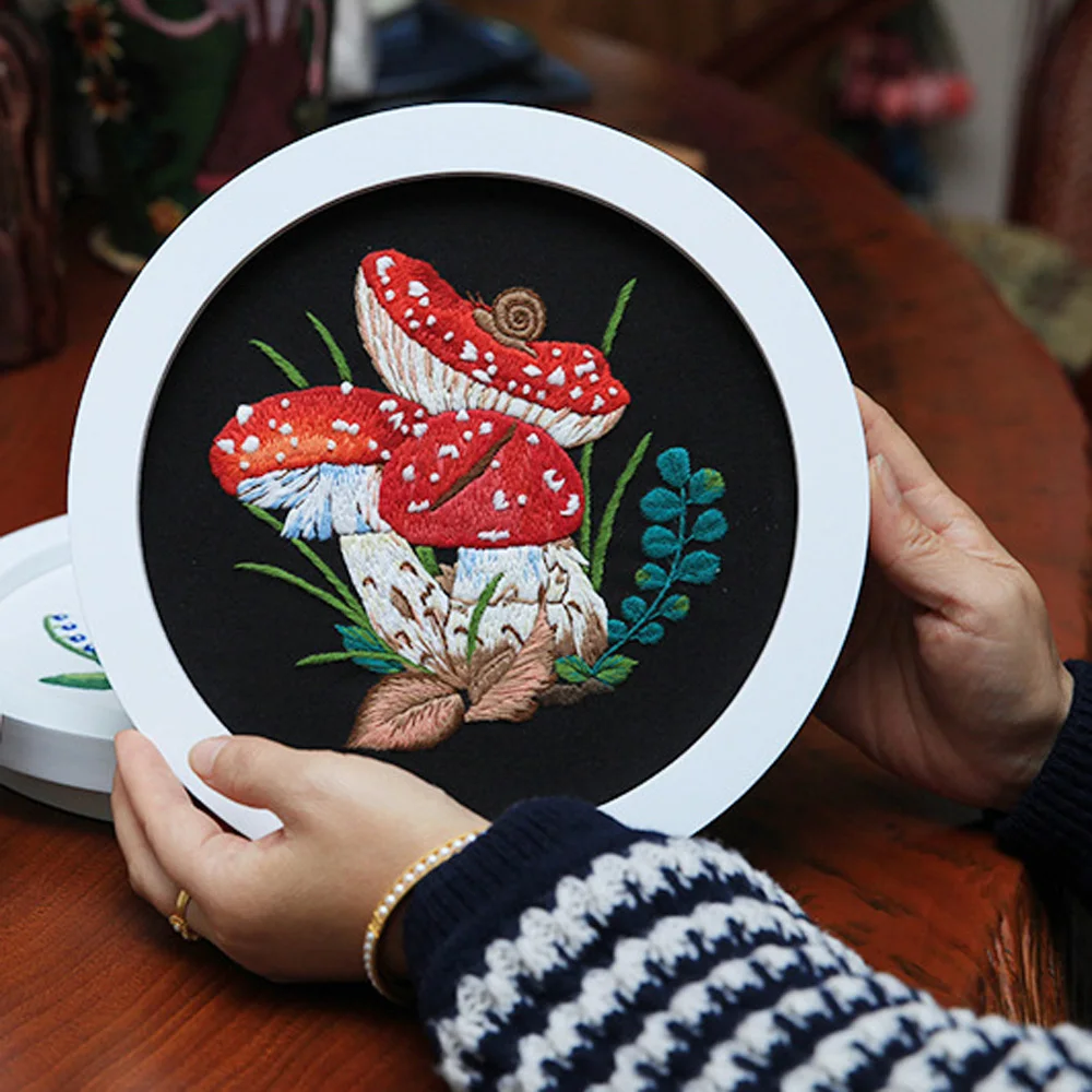 DIY Mushroom Pattern Embroidery Kit with Hoop Needlework Practice