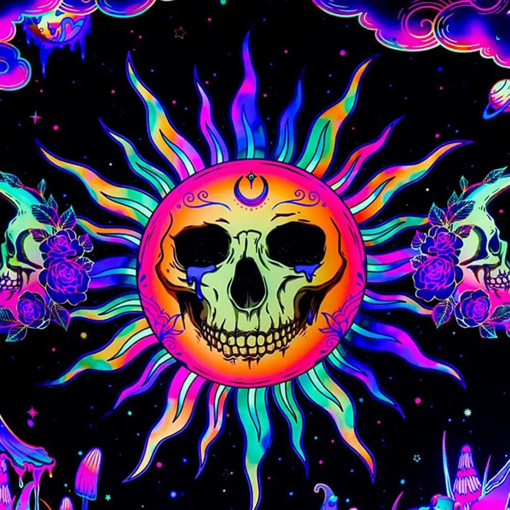 1 Set Skull Tapestry Glow In The Dark Black UV Light Reactive Rectangle Tapestry Washable Wall Art Sunflower Hanging Cloth