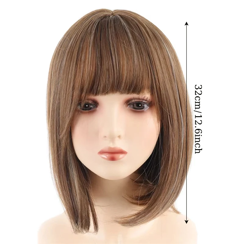 Synthetic Short Women Wig Bob Wig with Hair Bangs Ombre Straight Brown&Blonde Hair for Women Natural Looking Daily Wig Haiepiece