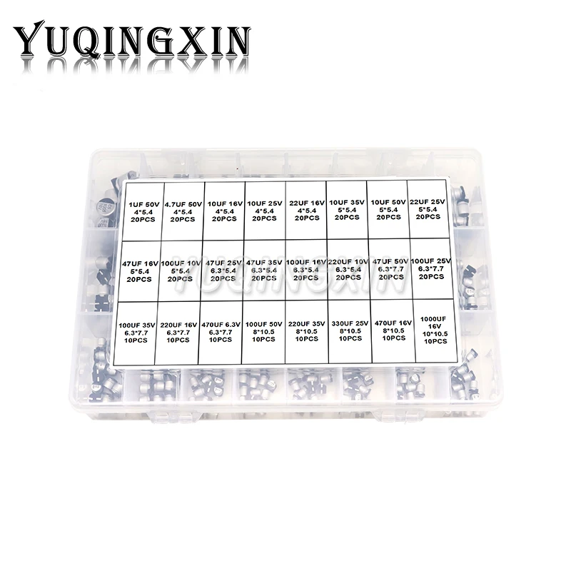 

400pcs SMD Aluminum Electrolytic Capacitor Assortment Kit 24Values 1UF-1000UF 6.3V-50V Capacitance Sample Set with box