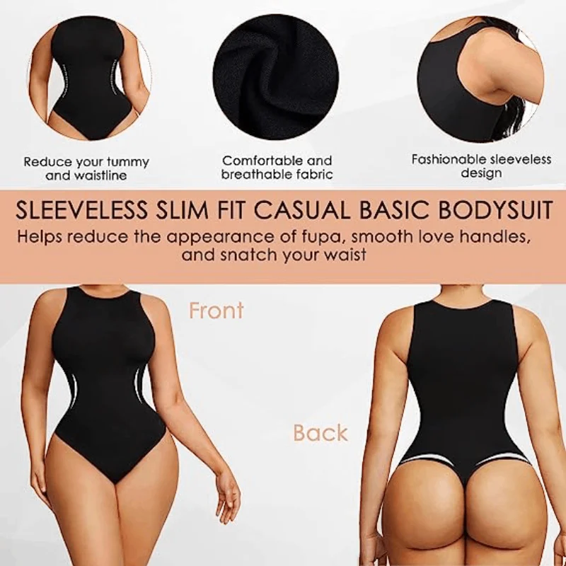 Body-Hugging T-shirt Bodysuit Tops Women Soft Crew Neck Body Shaper Thong Jumpsuit Flat Belly Corset Sexy Thong Shapewear