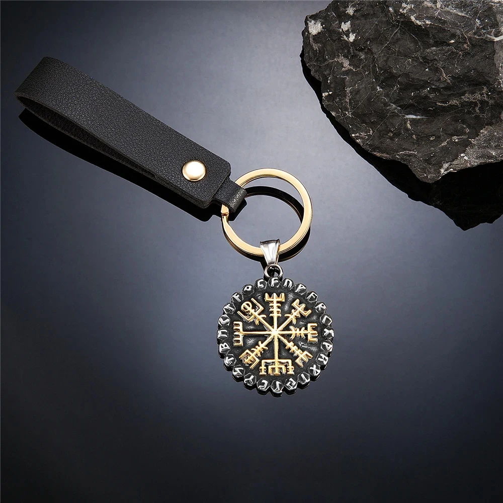 Vintage Norse 24 Runes Vegvisir Keyring Mens Viking Compass