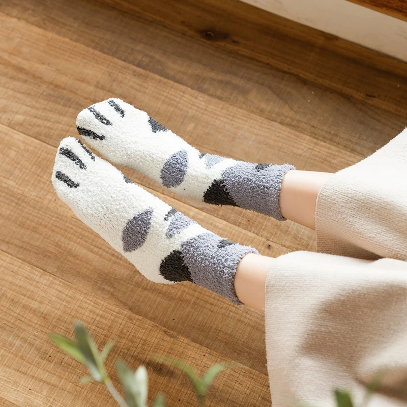 5 Paar Kattenpoot Sokken Vrouwen Winter Koraal Fleece Patroon Dikker Schattige Warme Kous Silicagel Anti-Slip Kawaii Slaap Vloer Sokken