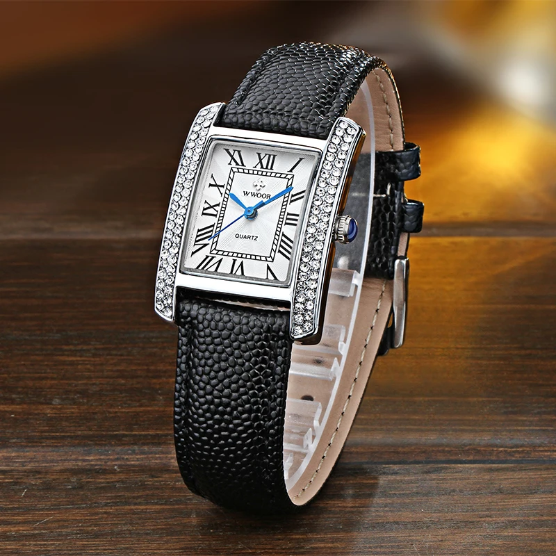 WWOOR Leather Strap Women's Watch Luxury Brand Diamonds Elegant Watch For Women Quartz Wristwatch Female Clock Relogio Feminino