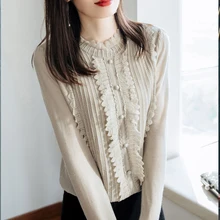 

Japan Fashion Women Knit Blouse Minimalism Casual Solid Color Long Sleeve Floral Patchwork Pullover Spring Fall Shirt For Ladies