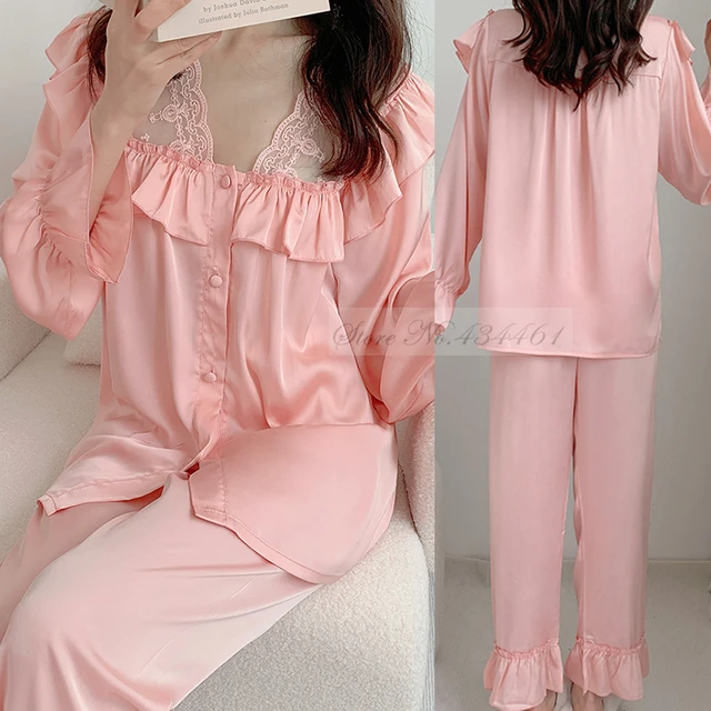 Pink Women Silk Ruffles Long Sleeve Princess Pyjama Pour Femme Sleepwear  Loungewear Sweet Girl Nightwear Two Piece Sets